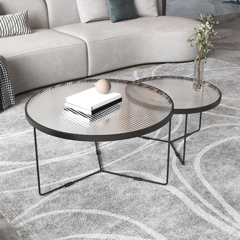 Contemporary Cross Legs Glass Round Metal Nesting Coffee Table Set