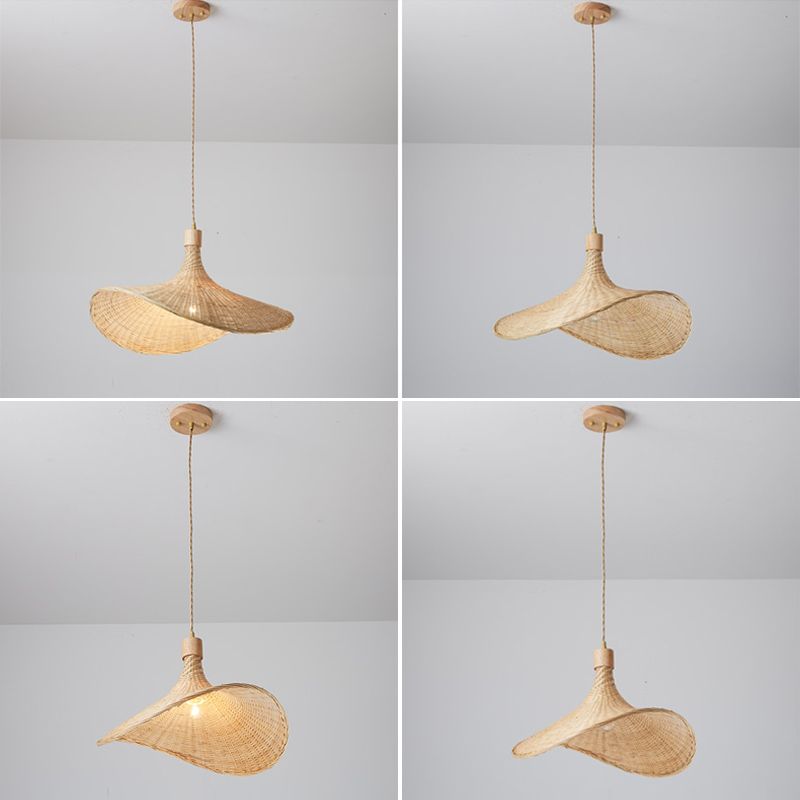Straw Hat Pendant Light Kit Asia Style Bamboo Restaurant Ceiling Pendant Light in Beige