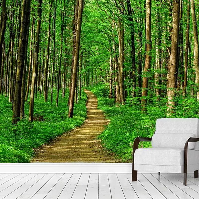 Extra Large Nordic Wall Mural in Green Jungle and Path Wall Covering, Made to Measure