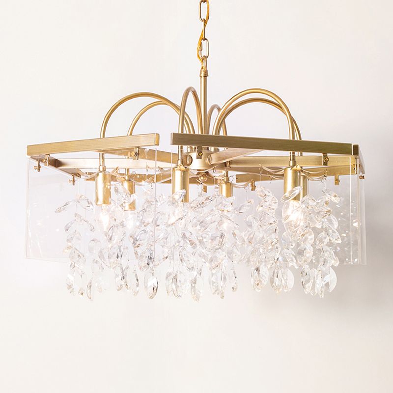 Gold Geometric Shaped Chandelier Antique Metal Dining Room Hanging Lighting with Crystal Drops