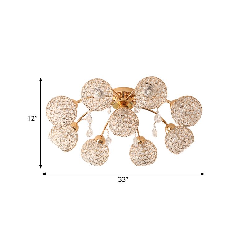 6/9 Heads Semi-Flush Mount Light Minimalist Ceiling Mounted Fixture with Sphere Crystal Embedded Shade in Gold