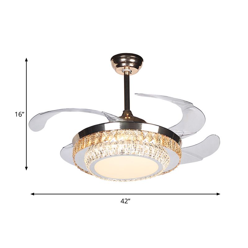 42 "breite LED Semi Flush Contemporary Runde rechteckige Kristalle 4 Blades Anhängerlüfterlampe in Silber