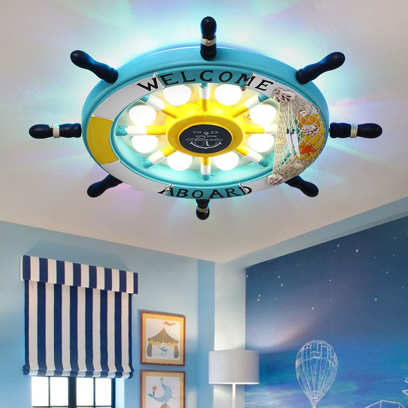 Pirate Ship Rudder Kids Bedroom Ceiling Lamp Wood Mediterranean LED Flush Mount Lighting