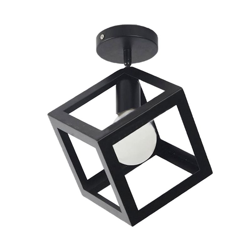 1 Light Squared Ceiling Mounted Light with Wire Guard Loft Style Black/Gray Metallic Semi-Flush Lighting for Bedroom