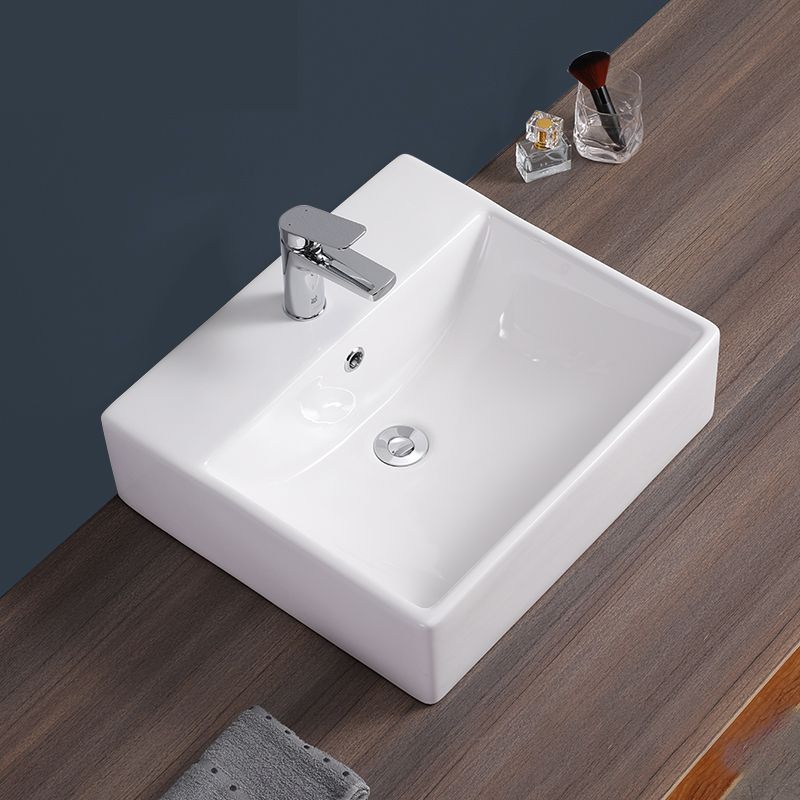 Bathroom Sink White Rectangle Overflow Ceramic One Hole Sink with Faucet