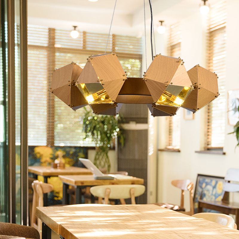 Polyeder Restaurant Kronleuchter Metallic 6 Köpfe Moderne Deckenlampe im dunklen Holz