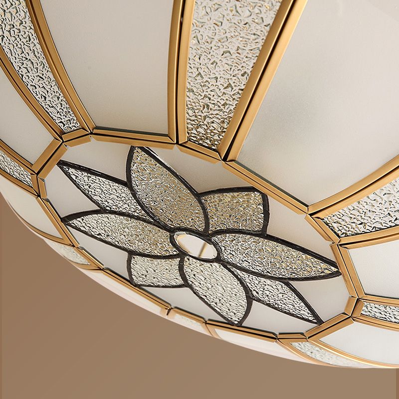 Inverted Bedroom Semi Flush Mount Light Vintage Glass Brass Ceiling Lighting