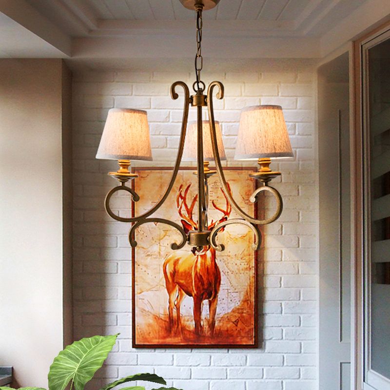 Fabric Brass Chandelier Pendant Light Conic 3/6-Light Country Ceiling Suspension Lamp with Swooping Arm