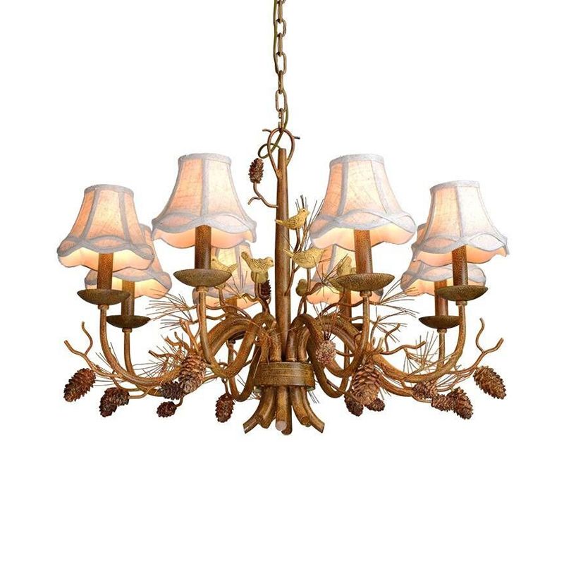 Brown Scalloped Pendant Lighting Rustic Metal 8 Lights Living Room Chandelier with White Fabric Shade and Pinecone