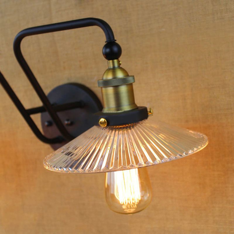 Cono Sala de estar Luz de la pared Vidrio acanalado industrial Lámpara de aplano negra de 2 luces para dormitorio