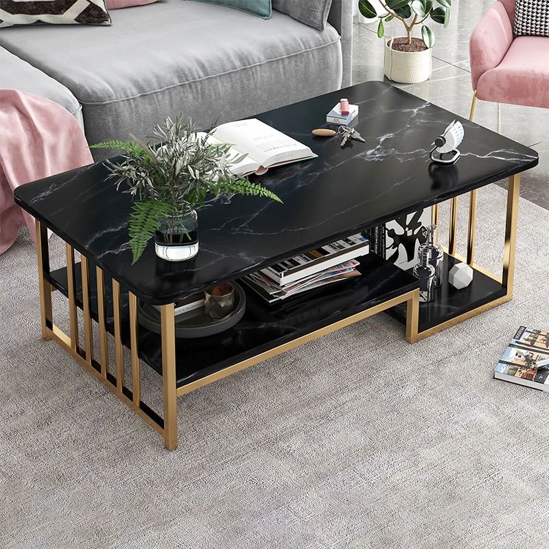 Modern Metal Marble Coffee Table Rectangle Cocktail Table with Shelf