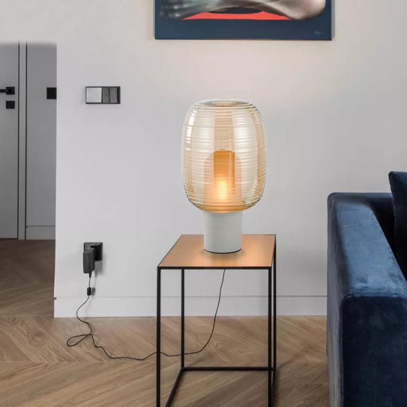Modern Creative Drum Table Lamp Wrought Iron Desk Lamp with Glass Shade