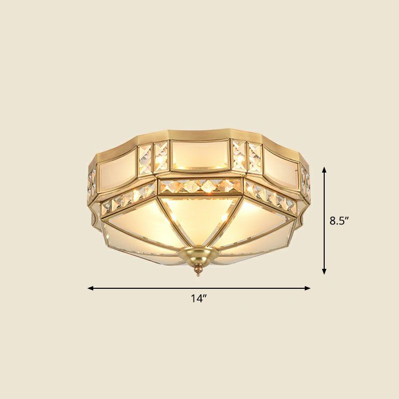 Classic Octagonal Ceiling Lighting Semi-Opaque Glass Flush Light Fixture with Crystal Accent in Brass
