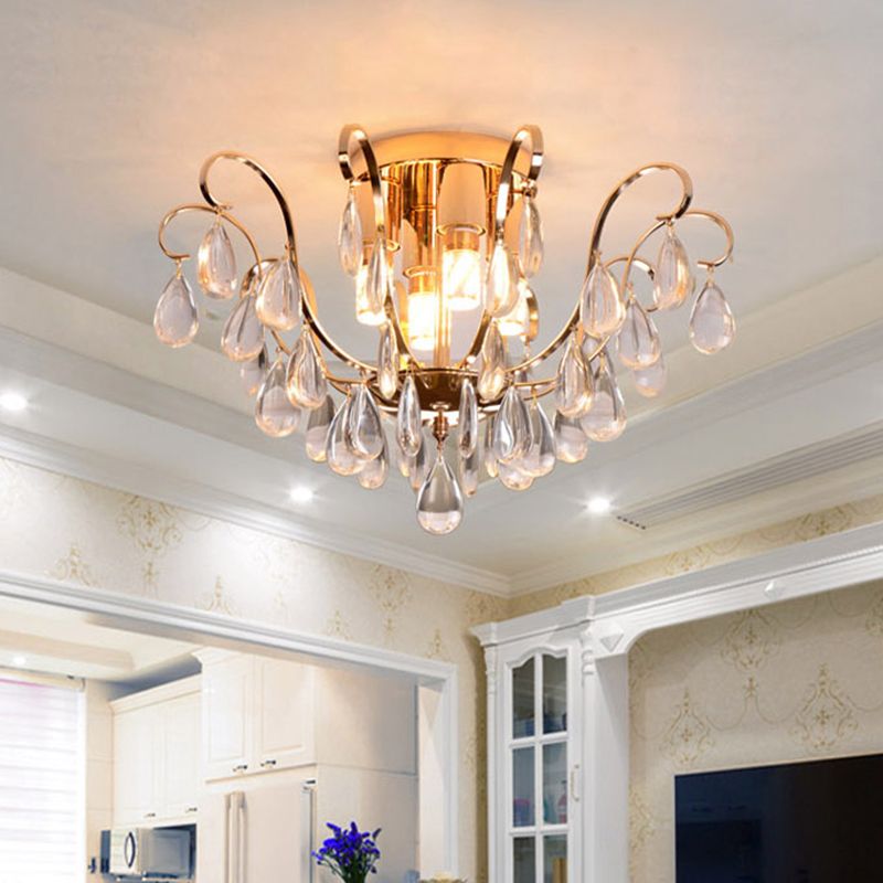 Gold Scroll Flush Mount Chandelier Vintage Crystal Droplet 4-Bulb Hotel Ceiling Light Fixture