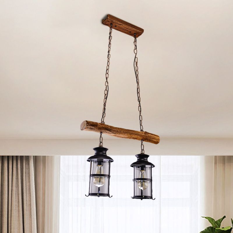 Brown 2/3-Bulb Island Lighting Ideas Nautical Clear Glass Cylinder Cluster Pendant with Wood Design