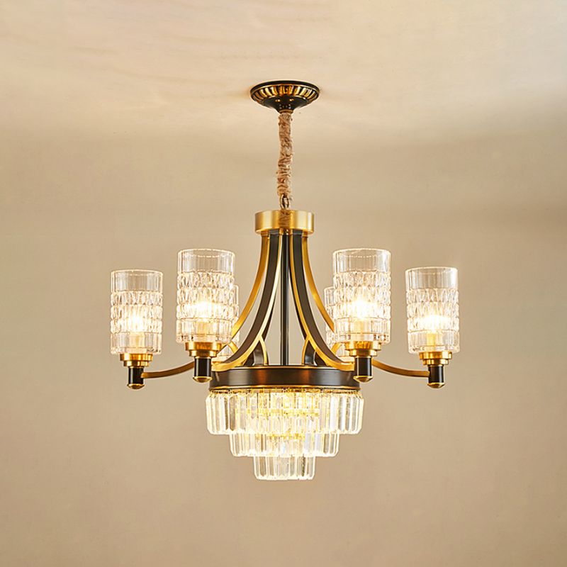 6 Bulbs Ceiling Pendant Retro Living Room Chandelier with Cylinder Clear Glass Shade in Gold