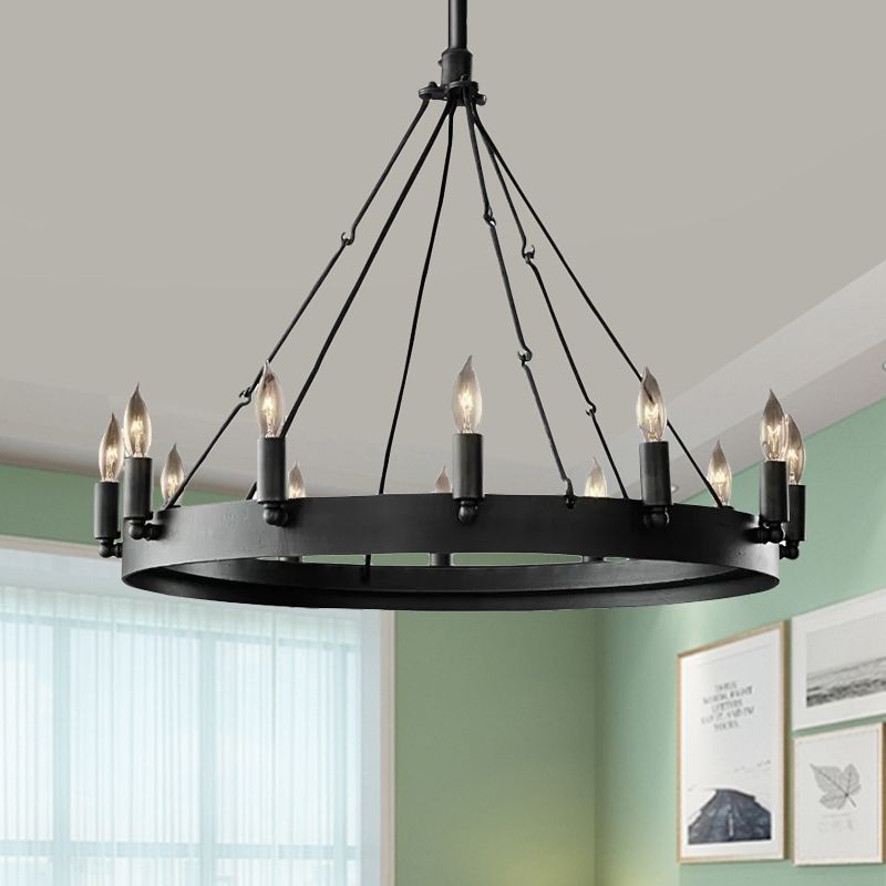 12/18-Licht-runde hängende Kronleuchter traditionelles schwarzes Metallanhänger Licht mit Kerzendesign
