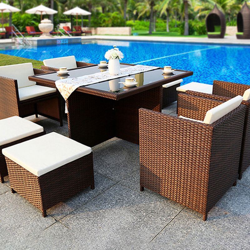 Rattan Dining Table Set with Black Tempered Glass Table for Courtyard