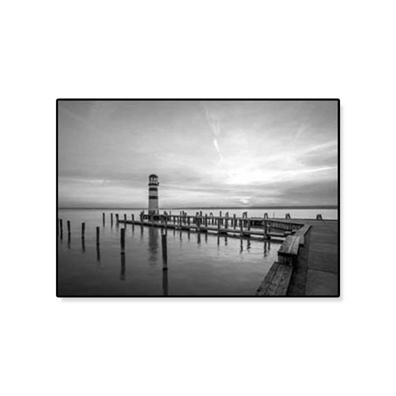 Seaside Building Canvas Art Textured Contemporary Living Room Wall Decor in Grey