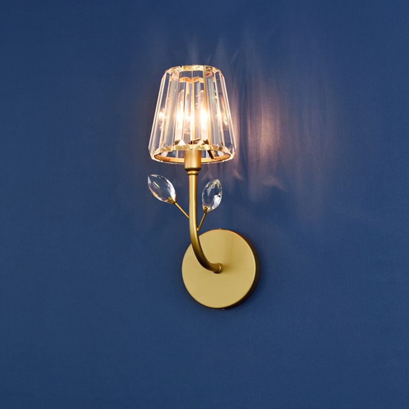Brass Finish Tapered Wall Lighting Minimalist 1/2-Light Crystal Wall Sconce Lamp with Curved Arm