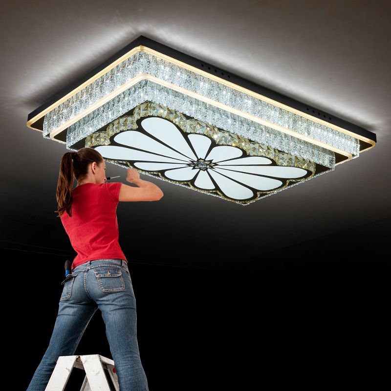 Contemporary Rectangle LED Flush Mount K9 Crystal Living Room Ceiling Light Fixture in Clear