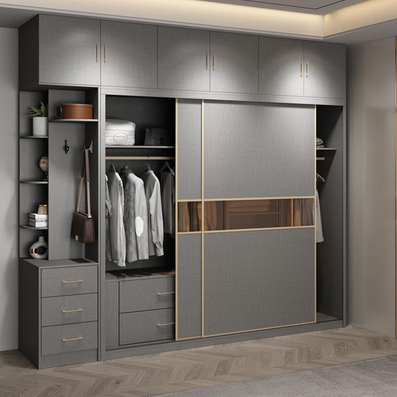 Contemporary Glass Wardrobe Gray Colour Wardrobe Closet with Garment Rod