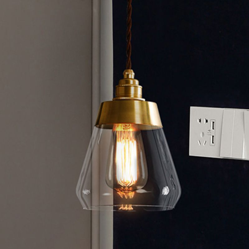1 Bulb Down Lighting Pendant Colonial Restaurant Drop Lamp with Cone Clear Glass Shade in Gold