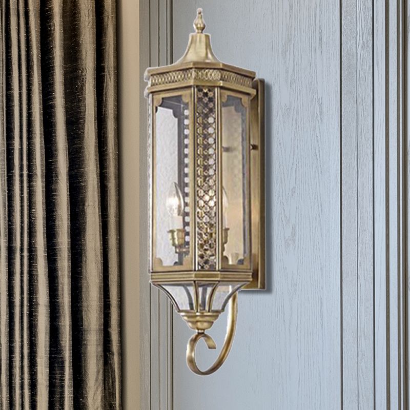 3 Bulbs Outdoor Wall Lantern Traditional Gold Finish Metallic Carved Sconce Light
