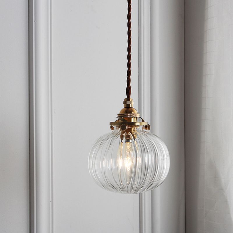 Brass Lamp Holder Pumpkin-shaped Hanging Light Modern Style Simplicity Glass Pendant for Bedroom Dining Room