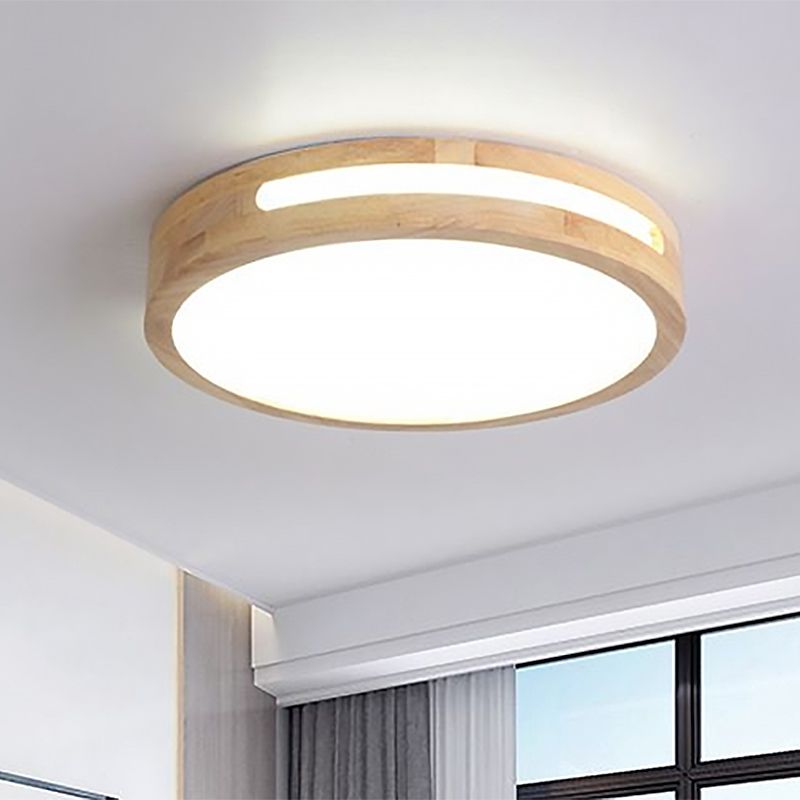 Nordic LED Flush Ceiling Light with Acrylic Diffuser Natural Wood Drum Ceiling Lamp in Warm/White, 12"/16"/19.5" Dia