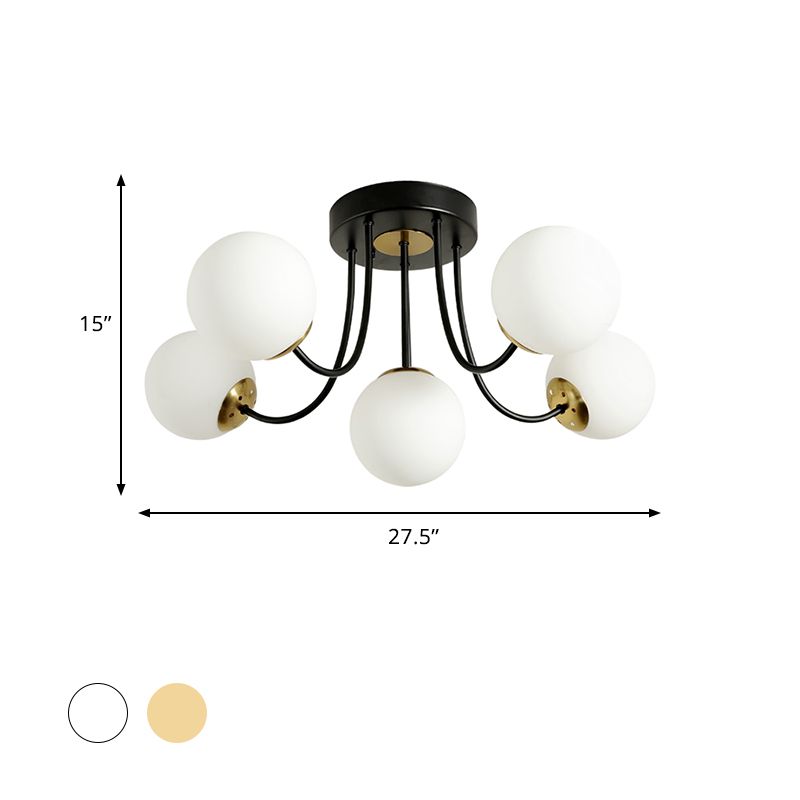 Plafonnier sphérique semi-encastré Post moderne blanc givré/verre ambré 5 ampoules lampe encastrée pour chambre à coucher