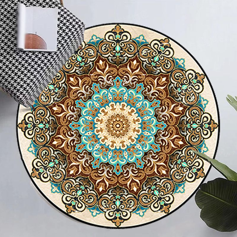 Victorian Round Washable Rug Moroccan Medallion Print Rug Polyester Non-Slip Carpet for Living Room