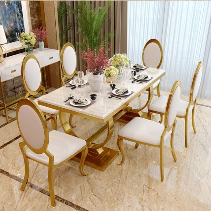 Traditional Luxury Marble Dining Table Rectangle Table with Metal Base in Gold