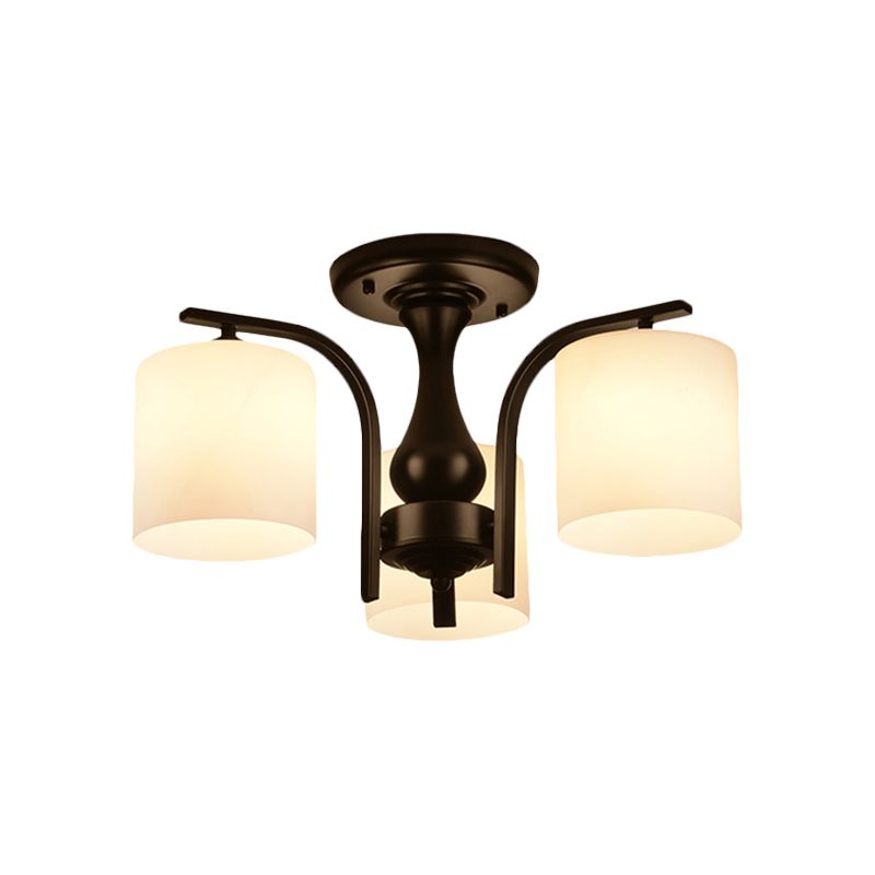 3/5/6 Lights Semi Flush Mount Traditional Cylinder Frosted Glass Ceiling Light in Black for Bedroom