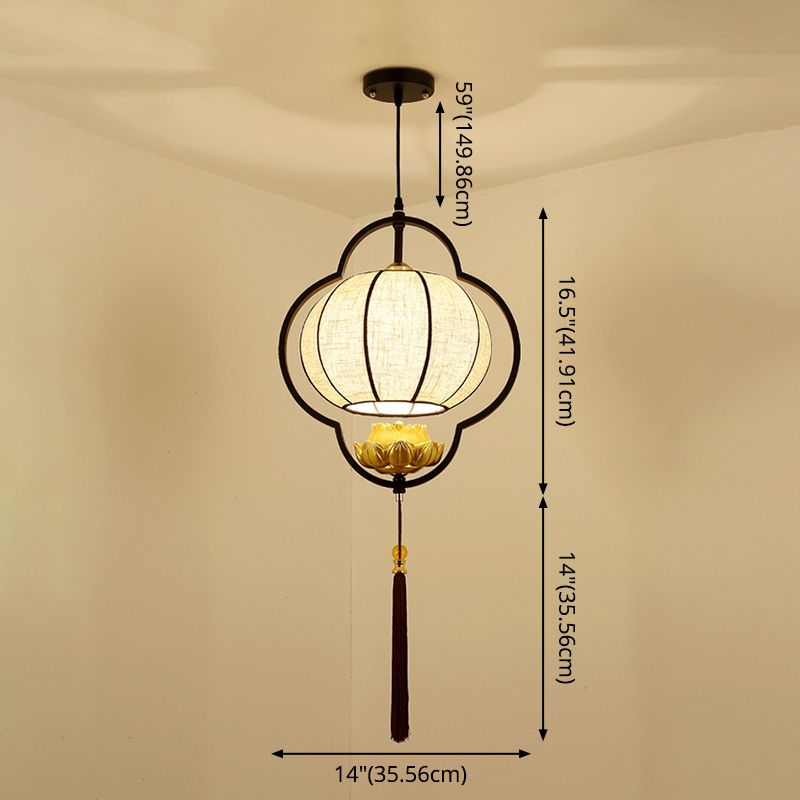 Living Room Ceiling Pendant Light Chinese Black Hanging Light Kit with Pumpkin Fabric Shade