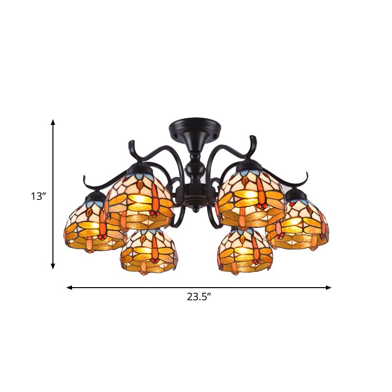 13"/19.5" H Dragonfly Semi-Flush Mount 6 Lights Cut Glass Mediterranean Ceiling Mounted Fixture in Black