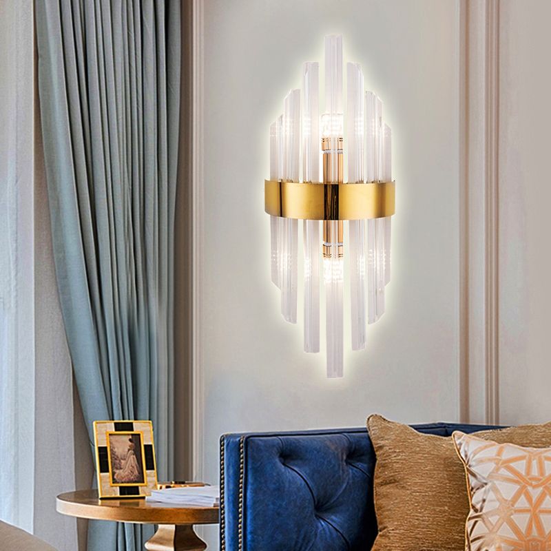 2 Lights Living Room Wall Sconce Lighting Simplicity Brass Wall Mount Light Fixture with Linear Crystal Shade