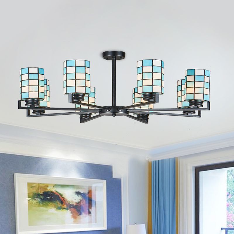 Stained Glass Black/White Semi Mount Lighting Cylinder 3/6/8 Lights Baroque Ceiling Mounted Light