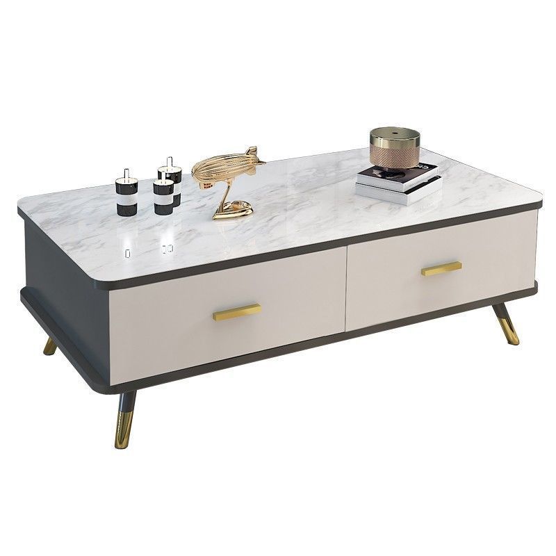 Contemporary Wooden Coffee Table with 4 Legs and 2 Storage Drawers