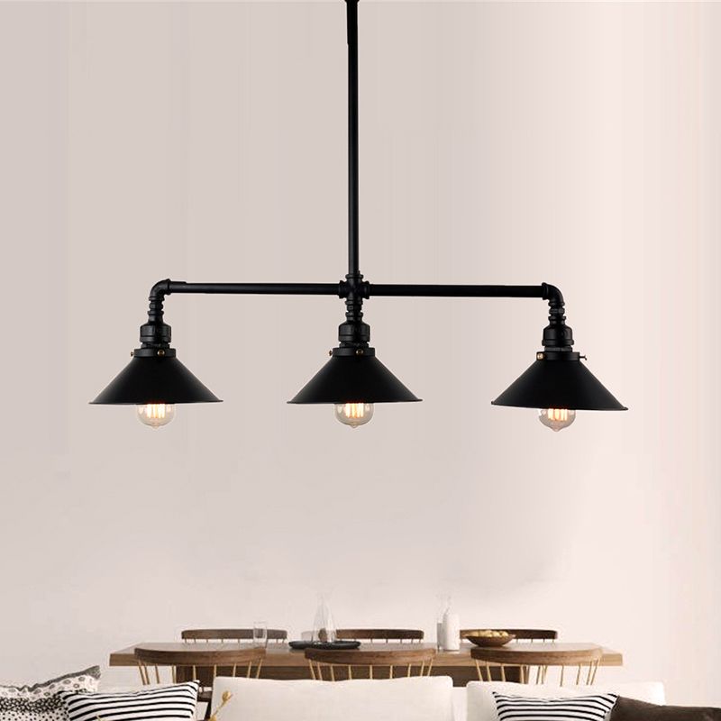 Black Conical Island Lighting Farmhouse Style 3 Bulbs Metallic Island Ceiling Light for Dining Room