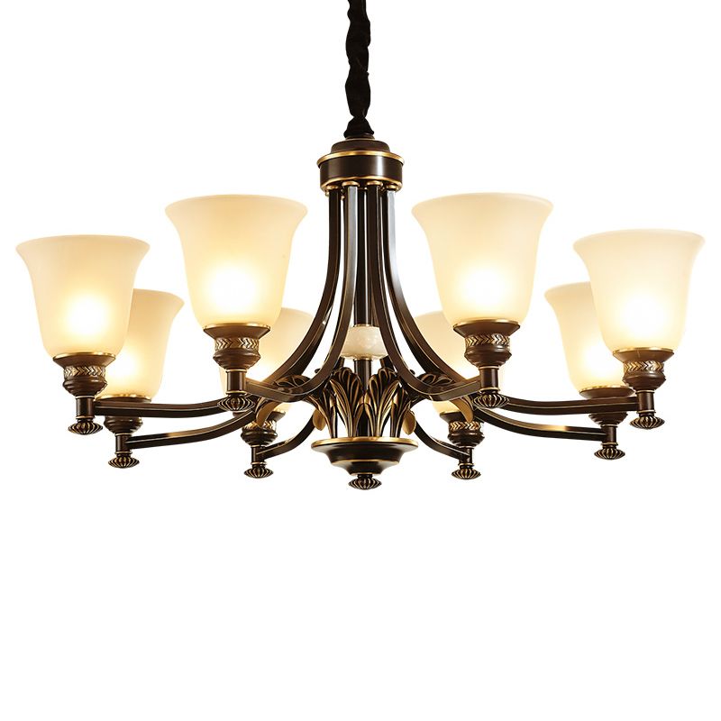 Flared Frosted Glass Suspension Light Rustic Living Room Chandelier Light in Black