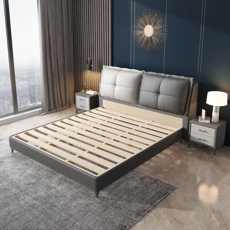 Solid Color Panel Bed Mid-Century Modern Solid Wood Standard Bed with Headboard