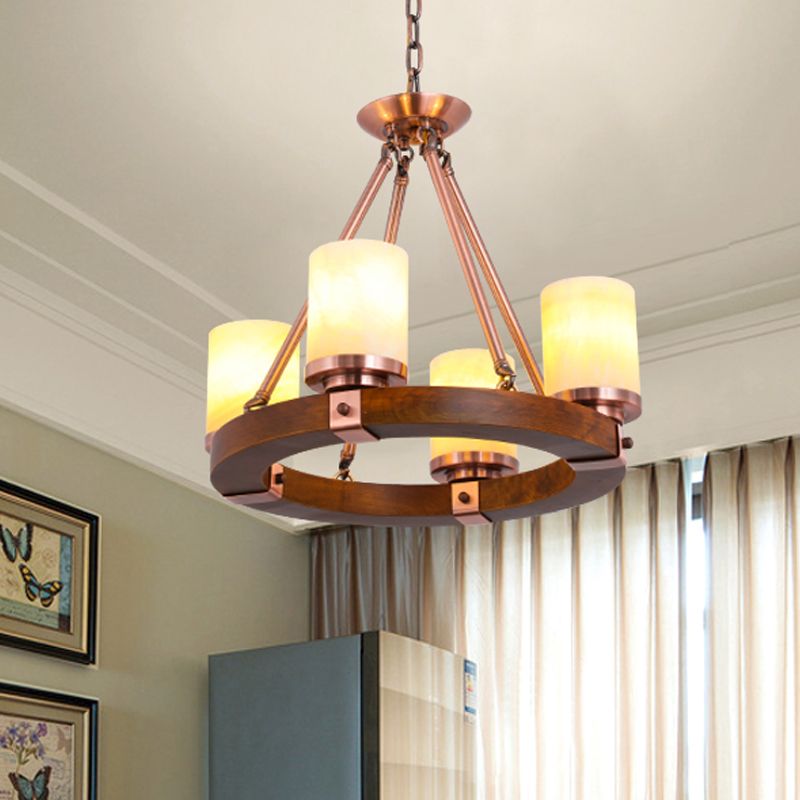 Classic Cylinder Chandelier Light 6/8/10 Heads Marble Ceiling Pendant in Brown with Wood Circular Design
