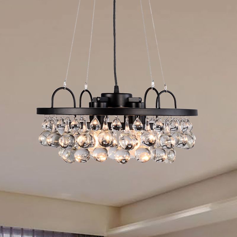 Zwart ronde hangende verlichtingsarmatuur vintage 4 lichten metaal kroonluchter licht met waterdrop kristalval
