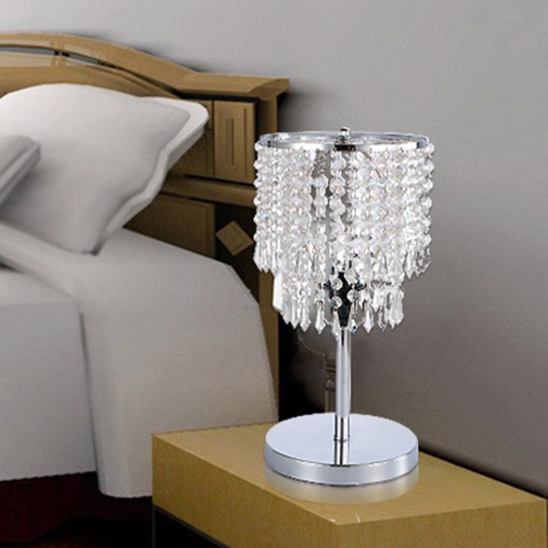 1 Head Dining Room Desk Light Modern Chrome Table Lamp with 2-Tier Faceted Crystal Shade