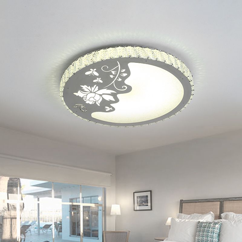 Hand-Cut Crystal Circular Ceiling Lamp Modernist LED Flush Mount Light with Butterfly and Flower Design in Chrome