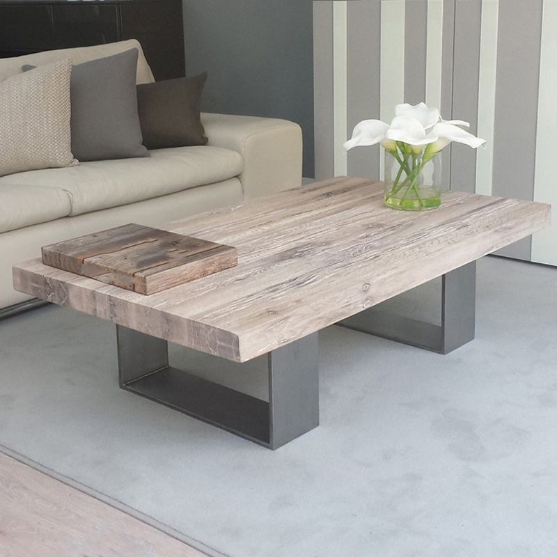 Scandinavian Solid Wood Coffee Table with Distressed Top and Sled Base