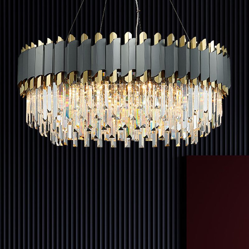 Post-Modern Layered Chandelier Pendant Light Strip Crystal Living Room Hanging Light in Gold-Black