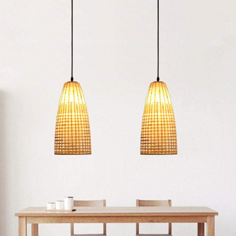 Bamboo Flared Hanging Lamp Chinese 1 Bulb Wood Pendant Light Fixture for Dining Room