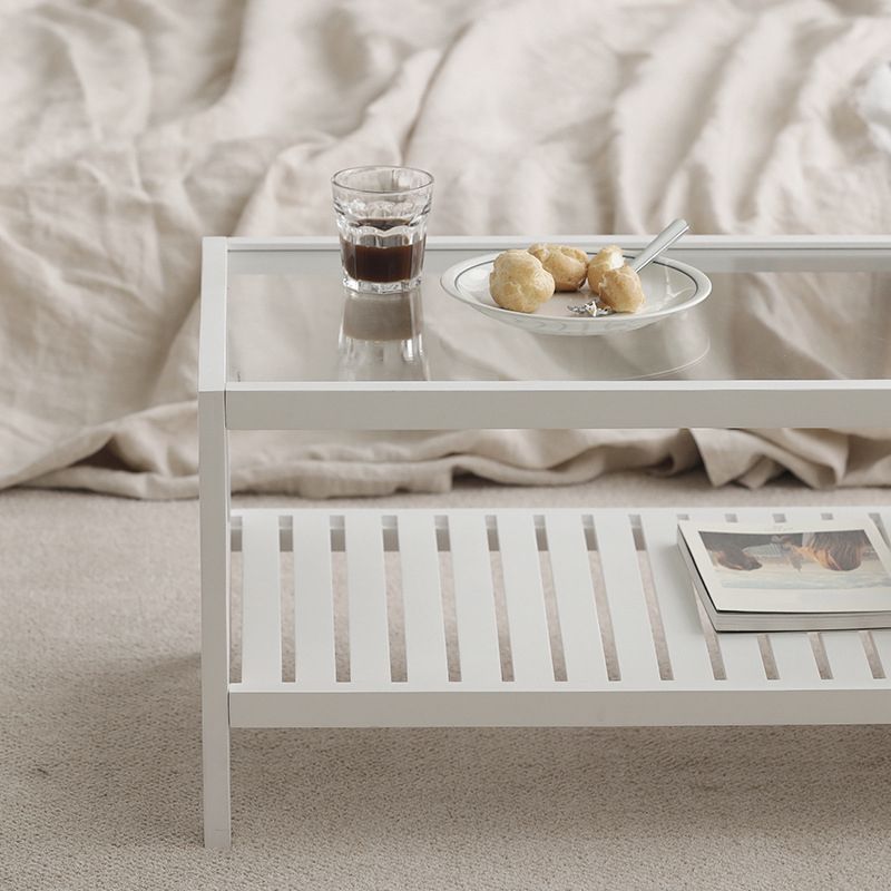 Modern 4 Legs Wood Base Rectangular Acrylic Top Coffee Table with Shelf